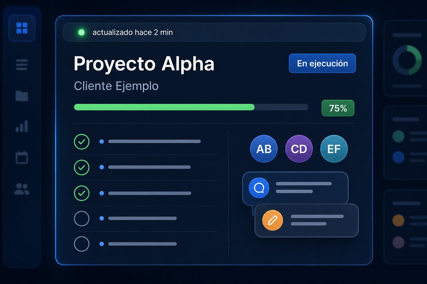 Detalle de una tarea con checklist, avatares del equipo y avance en vivo (datos de ejemplo)